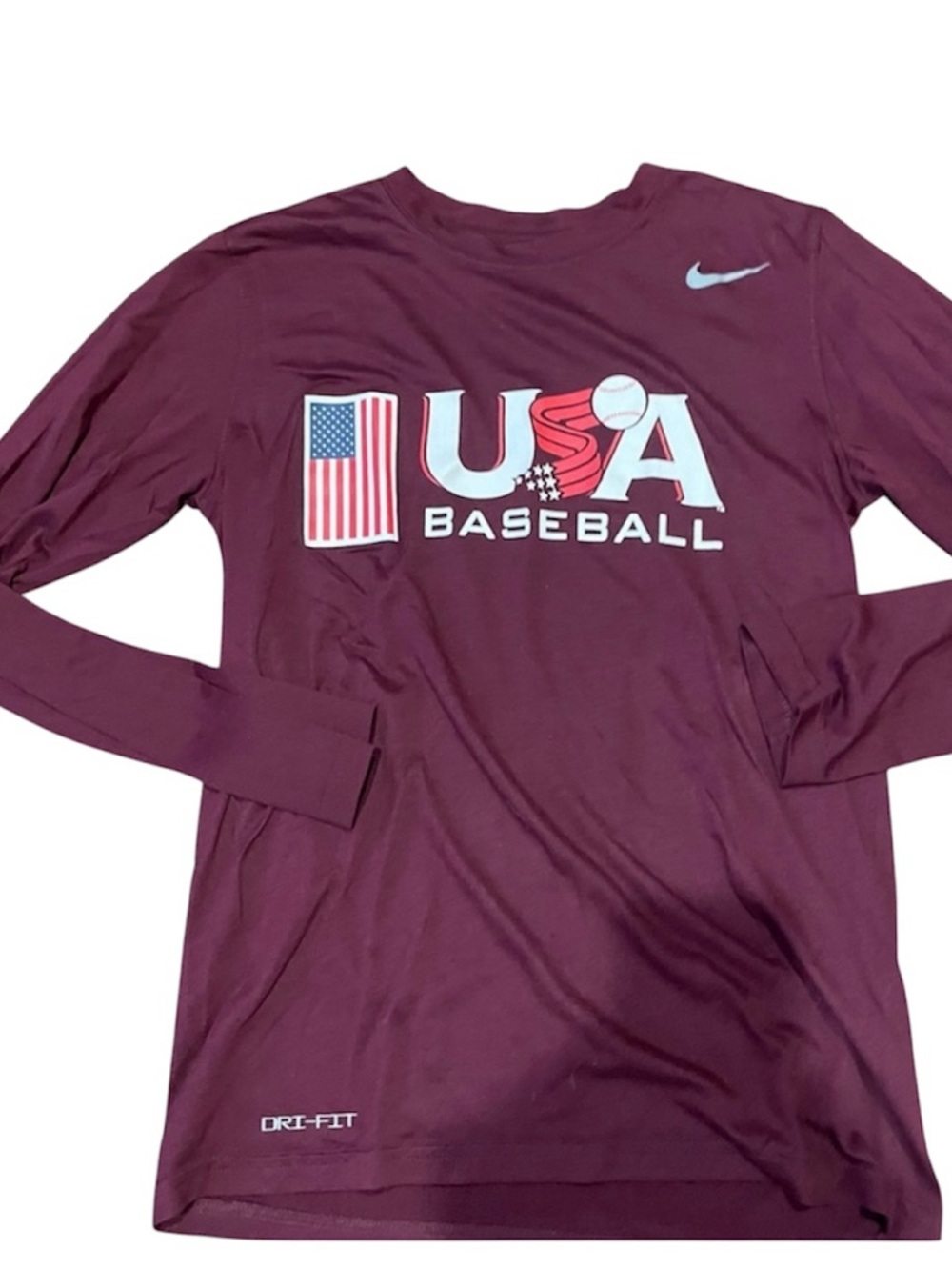 Nike Dri-Fit USA Baseball Long Sleeve T Shirt Small Burgundy, Shirts 3/$15
